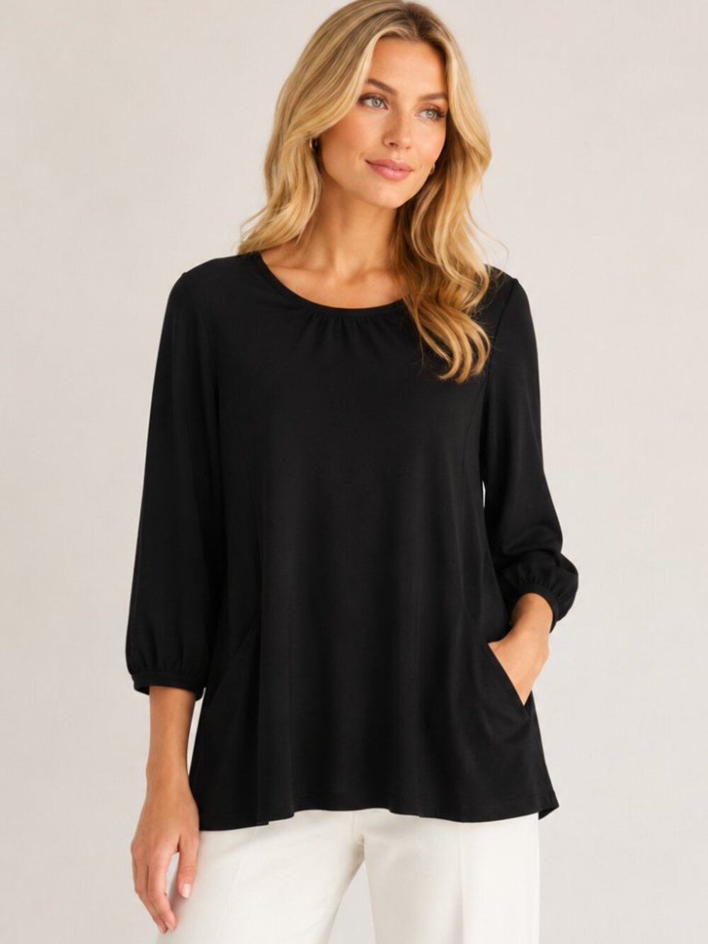 Misook Black Knit Sweater Top 3/4 Sleeve Pullover Front Pockets Stretch M